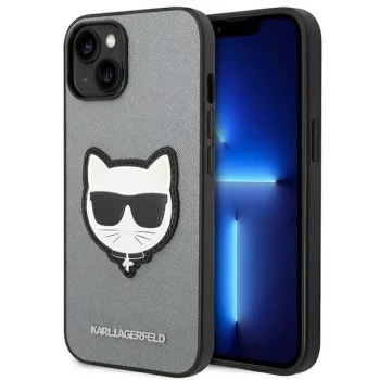   Karl Lagerfeld KLHCP14MSAPCHG Saffiano Choupette Head Patch iPhone 14 Plus/15 Plus 6,7" hátlap, tok, ezüst