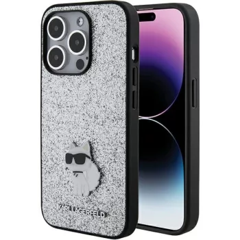   Karl Lagerfeld iPhone 15 Pro Fixed Glitter Choupette Logo Metal Pin (KLHCP15LGCNPSG) hátlap, tok, ezüst