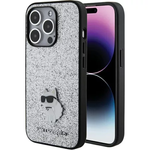 Karl Lagerfeld iPhone 15 Pro Fixed Glitter Choupette Logo Metal Pin (KLHCP15LGCNPSG) hátlap, tok, ezüst