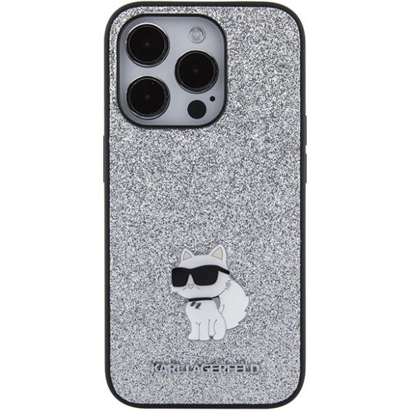 Karl Lagerfeld iPhone 15 Pro Fixed Glitter Choupette Logo Metal Pin (KLHCP15LGCNPSG) hátlap, tok, ezüst