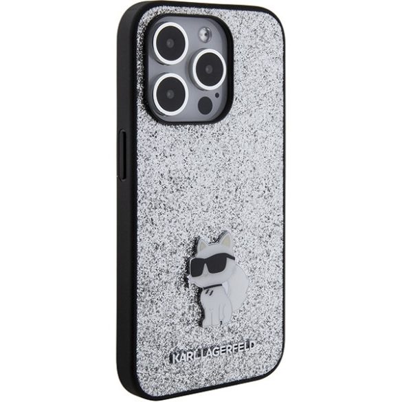 Karl Lagerfeld iPhone 15 Pro Fixed Glitter Choupette Logo Metal Pin (KLHCP15LGCNPSG) hátlap, tok, ezüst