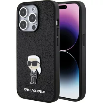   Karl Lagerfeld iPhone 15 Pro Fixed Glitter Ikonik Logo Metal Pin (KLHCP15LGKNPSK) hátlap, tok, fekete