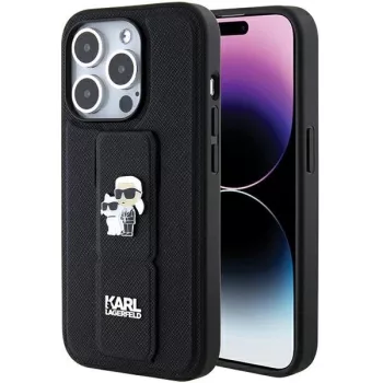   Karl Lagerfeld KLHCP15LGSAKCPK Gripstand Saffiano Karl&Choupette iPhone 15 Pro 6.1", hátlap, tok, fekete
