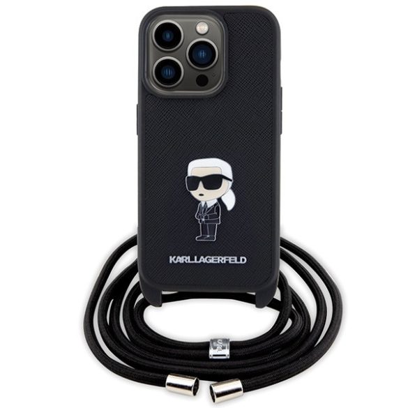 Karl Lagerfeld iPhone 15 Pro Crossbody Saffiano Monogram Metal Pin Karl & Choupette (KLHCP15LSASKNPSK) hátlap, tok, fekete