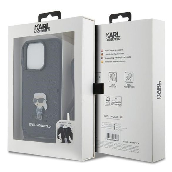 Karl Lagerfeld iPhone 15 Pro Crossbody Saffiano Monogram Metal Pin Karl & Choupette (KLHCP15LSASKNPSK) hátlap, tok, fekete
