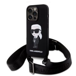   Karl Lagerfeld Liquid Silicone Crossbody Ikonik Case iPhone 15 Pro (KLHCP15LSCBSKNK) hátlap, tok, fekete