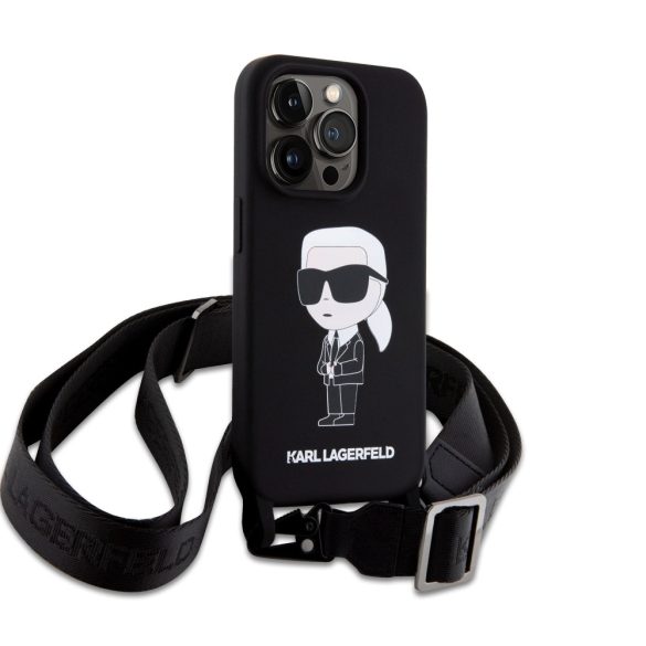 Karl Lagerfeld Liquid Silicone Crossbody Ikonik Case iPhone 15 Pro (KLHCP15LSCBSKNK) hátlap, tok, fekete