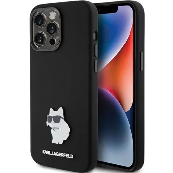   Karl Lagerfeld KLHCP15LSMHCNPK Silicone Choupette Metal Pin iPhone 15 Pro 6.1" tok, fekete