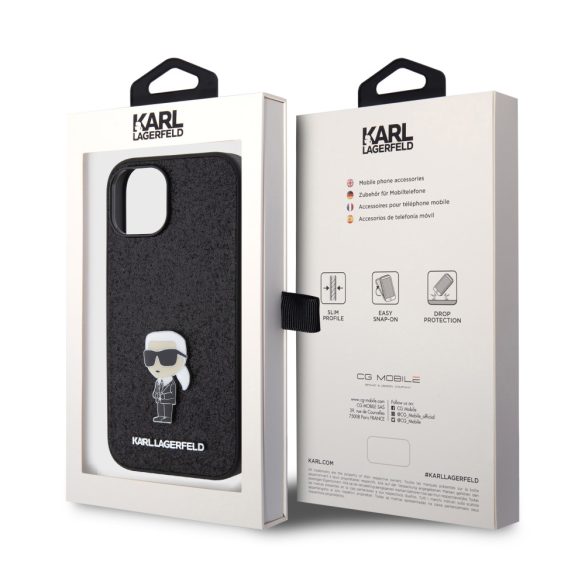 Karl Lagerfeld Fixed Glitter Metal Ikonik Case iPhone 15 (KLHCP15SGKNPSK) hátlap, tok, fekete