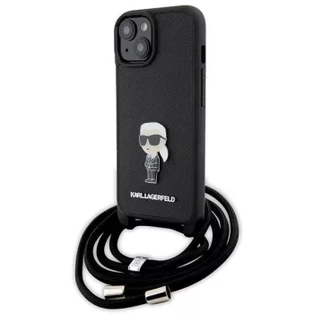   Karl Lagerfeld KLHCP15SSASKNPSK Crossbody Saffiano Monogram Metal Pin Karl & Choupette iPhone 15 6.1" tok, fekete