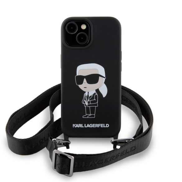 Karl Lagerfeld Liquid Silicone Crossbody Ikonik Case iPhone 15 (KLHCP15SSCBSKNK) hátlap, tok, fekete