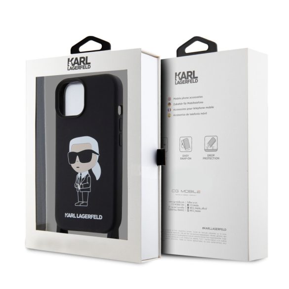 Karl Lagerfeld Liquid Silicone Crossbody Ikonik Case iPhone 15 (KLHCP15SSCBSKNK) hátlap, tok, fekete