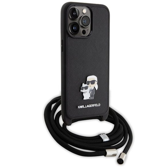 Karl Lagerfeld iPhone 15 Pro Max Crossbody Saffiano Metal Pin Karl & Choupette (KLHCP15XSAKCPSK) hátlap, tok, fekete
