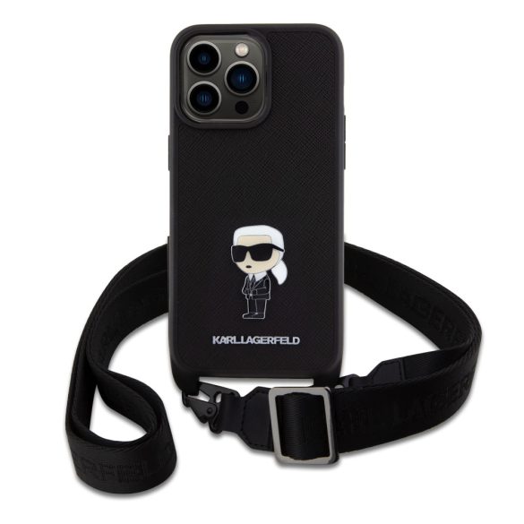 Karl Lagerfeld Saffiano Crossbody Metal Ikonik Case iPhone 15 Pro Max (KLHCP15XSASKNPBK) hátlap, tok, fekete