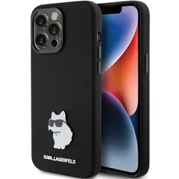   Karl Lagerfeld iPhone 15 Pro Max Silicone Choupette Metal Pin (KLHCP15XSMHCNPK) hátlap, tok, fekete