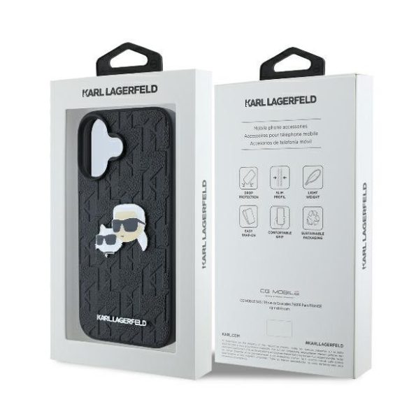 Karl Lagerfeld iPhone 16 Plus Monogram Karl&Chaoupette Head Pin (KLHCP16LPGKLKCPK) hátlap, tok, fekete