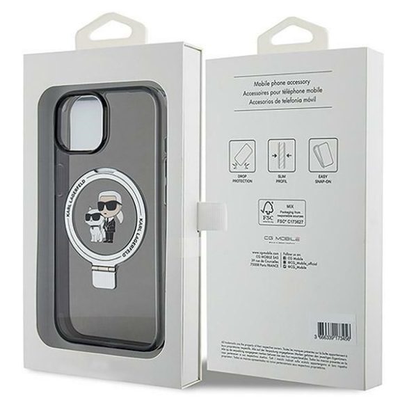 Karl Lagerfeld iPhone 13/14/15 Ring Stand Karl&Choupettte MagSafe (KLHMP15SHMRSKCK) Magsafe kompatibilis hátlap, tok, fekete