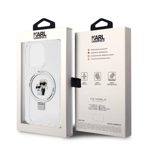 Karl Lagerfeld Ringstand Karl and Choupette MagSafe Case iPhone 15 Pro Max (KLHMP15XHMRSKCH) magsafe kompatibilis hátlap, tok, átlátszó
