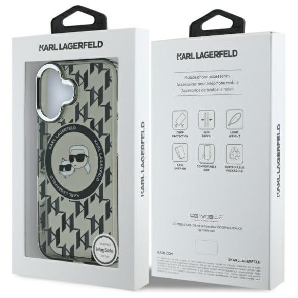 Karl Lagerfeld iPhone 16 Magsafe IML Monogram Karl&Choupette Head (KLHMP16SHMCKMHK) Magsafe kompatibilis hátlap, tok, fekete