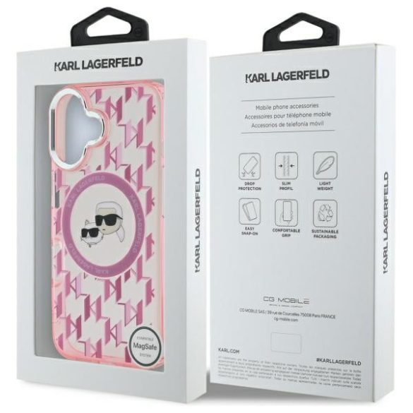 Karl Lagerfeld iPhone 16 Magsafe IML Monogram Karl&Choupette Head (KLHMP16SHMCKMHP) Magsafe kompatibilis hátlap, tok, rózsaszín