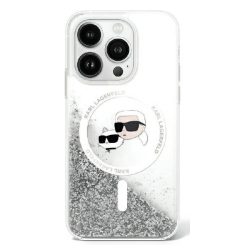   Karl Lagerfeld iPhone 16 Magsafe Liquid Glitter Karl&Choupette Head (KLHMP16SLGKCSGH) Magsafe kompatibilis hátlap, tok, ezüst-átlátszó