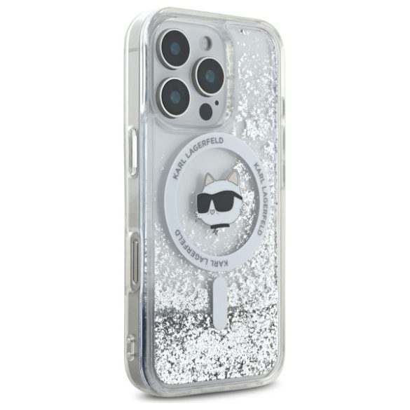 Karl Lagerfeld iPhone 16 Pro Max Magsafe Liquid Glitter Choupette Head (KLHMP16XLGCHSGH) Magsafe kompatibilis hátlap, tok, ezüst-átlátszó