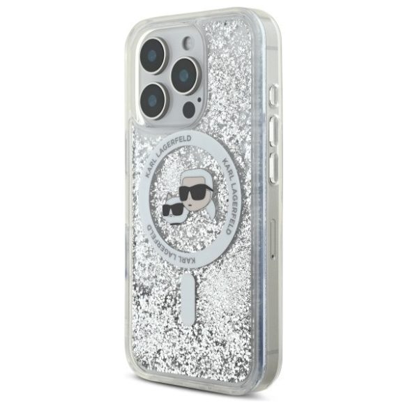 Karl Lagerfeld iPhone 16 Pro Max Magsafe Liquid Glitter Karl&Choupette Head (KLHMP16XLGKCSGH) Magsafe kompatibilis hátlap, tok, ezüst-átlátszó