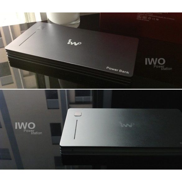 IWO P40B Li-Polimer Power Bank, hordozható külső akkumulátor, aluminium házban, Dual-USB, 12000mAh, fekete
