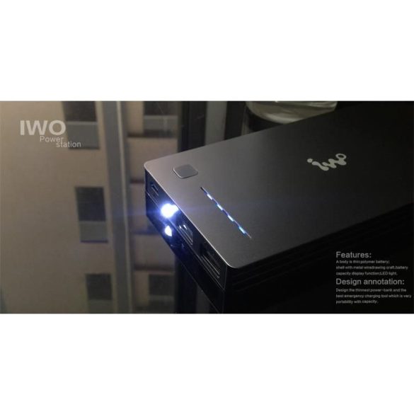 IWO P40B Li-Polimer Power Bank, hordozható külső akkumulátor, aluminium házban, Dual-USB, 12000mAh, fekete