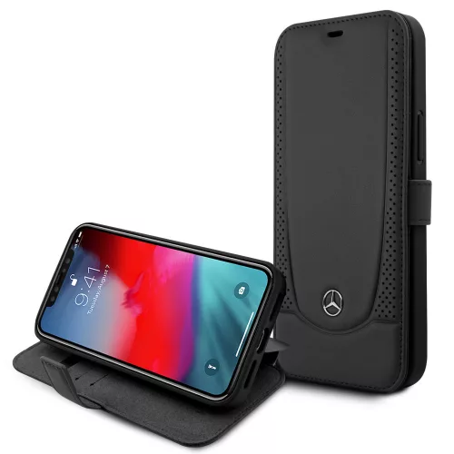 Mercedes-Benz iPhone 12 Pro Max Leather Urban (MEFLBKP12LARMBK) eredeti bőr oldalra nyíló tok, fekete