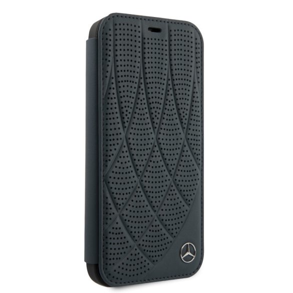 Mercedes-Benz iPhone 12 Pro Max Genuine Leather (MEFLBKP12LDIQNA) eredeti bőr, oldalra nyíló tok, sötétkék