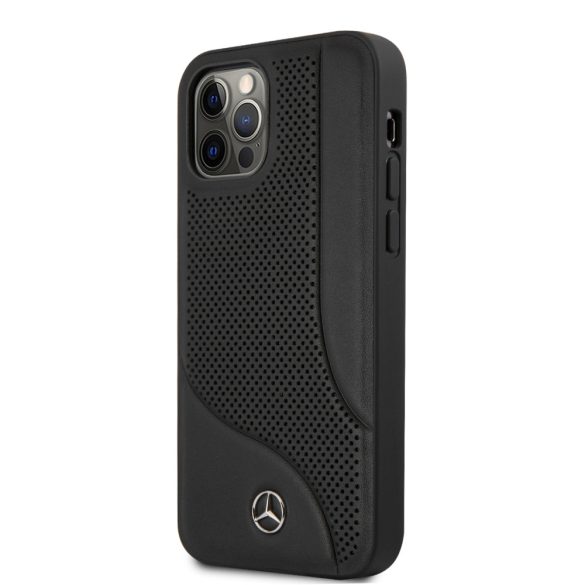 Mercedes-Benz iPhone 12/12 Pro Leather Perforated Area eredeti bőr (MEHCP12MCDOBK) hátlap, tok, fekete