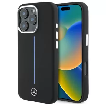   Mercedes-Benz iPhone 16 Pro Magsafe Silicone Blue Stripe (MEHMP16L23SUMBK) MagSafe hátlap, tok, fekete