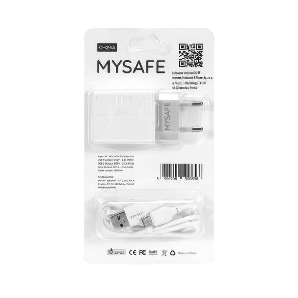 Mysafe CH24A USB-C hálózati töltő adapter, és USB/USB-C kábel, 1m, 2.4A, fehér