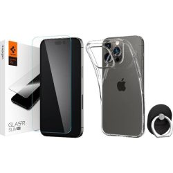   Spigen Liquid Crystal Flex Case iPhone 14 szilikon hátlap + 2D sík üvegfólia + szelfi gyűrű és kitámasztó, tok, átlátszó