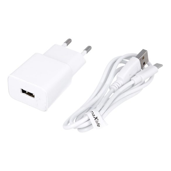 Maxlife MXTC-01 hálózati töltő adapter, 1 USB-A, gyorstöltő, 2.1A + USB-C kábel, fehér