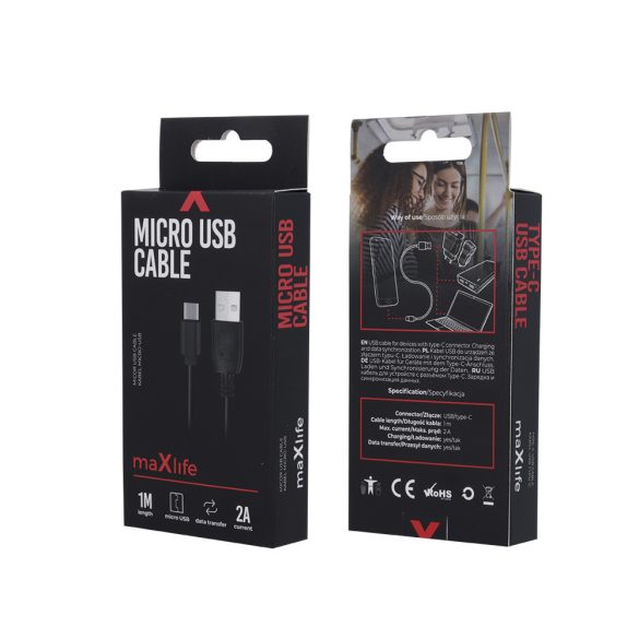 Maxlife USB/USB-C kábel, gyorstöltés funkció, 2A, 1m, fekete