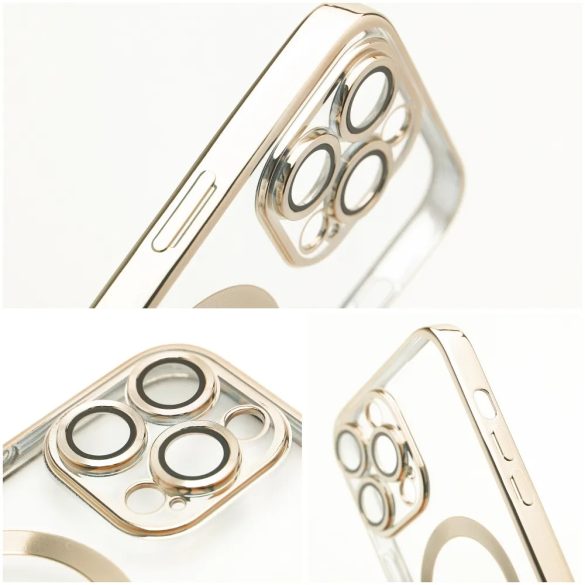 Electro Mag iPhone 13 Pro Magsafe kompatibilis kameravédős hátlap, tok, arany-átlátszó