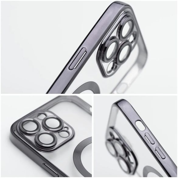 Electro Mag iPhone 13 Pro Magsafe kompatibilis kameravédős hátlap, tok, fekete-átlátszó