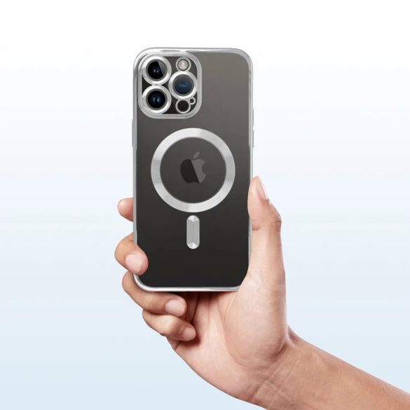 Electro Mag iPhone 14 Magsafe kompatibilis kameravédős hátlap, tok, ezüst-átlátszó