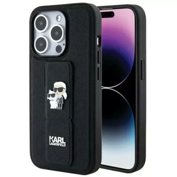   Karl Lagerfeld KLHCP14LGSAKCPK Gripstand Saffiano Karl&Choupette Pins case for iPhone 14 Pro iPhone 14 Pro 6.1", hátlap, tok, fekete