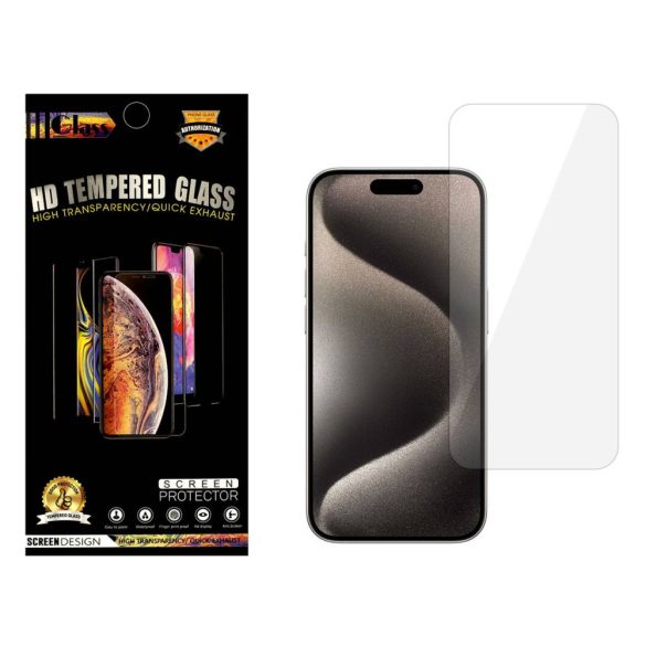 iPhone 15 Plus/15 Pro Max kijelzővédő edzett üvegfólia (tempered glass) 9H keménységű (nem teljes kijelzős 2.5D sík üvegfólia), átlátszó