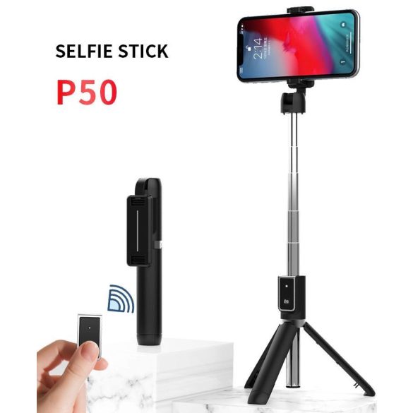 Mini Tripod P50 Bluetooth selfie stick, szelfi bot, háromlábú kitámasztó funkcióval, távirányítóval, fekete