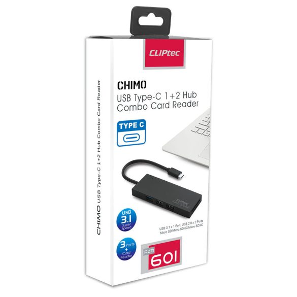 Cliptec RZR601 Hub USB-C (3xUSB+microSD+SD+Chimo) USB elosztó, fekete