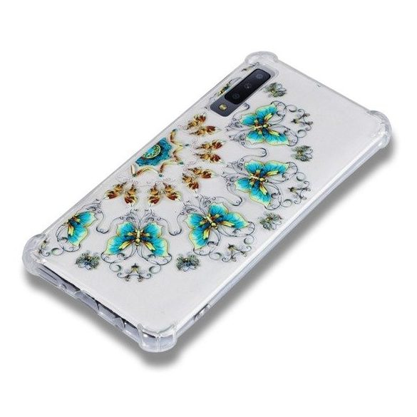 Shockproof Samsung Galaxy A7 (2018) Gold and Blue Butterfly ütésálló hátlap, tok, mintás, átlátszó