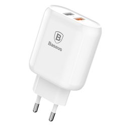   Baseus Bojure Series Travel Charger hálózati töltő adapter, 2x USB, 1A, Quick Charge 3.0 gyorstöltés, 23W, fehér